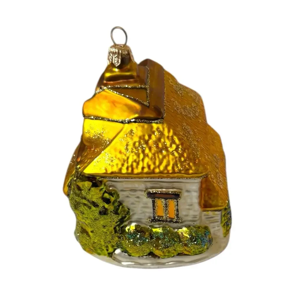 Blown Glass Cottage House Ornament‎ Gold White Glitter Large Vintage EUC